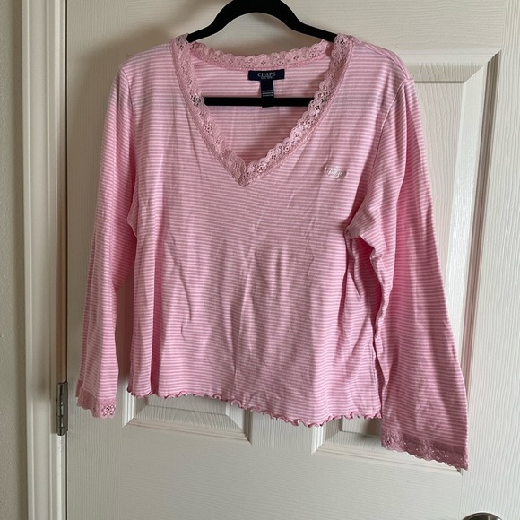 CHAPS SZ XL pink/white Stripe Long Sleeve Shirt W/ Lace Top Blouse - Picture 2 of 9